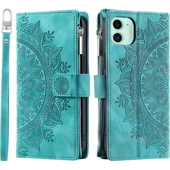 Compatible with iPhone 11 Case Wallet for Women, Mandala Floral Embosssed PU Leather Folio Zipper Cover Magnetic Flip Book Case with Card Holder Wrist Strap (Green)