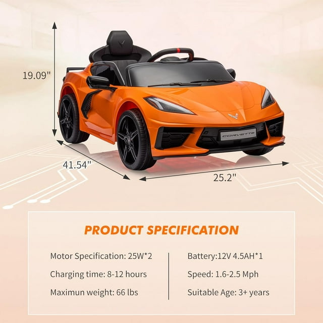 OUYAWEI 12V Ride On Sports Corvette Electric Car Remote Control LED Lights Music Orange Boys Girls