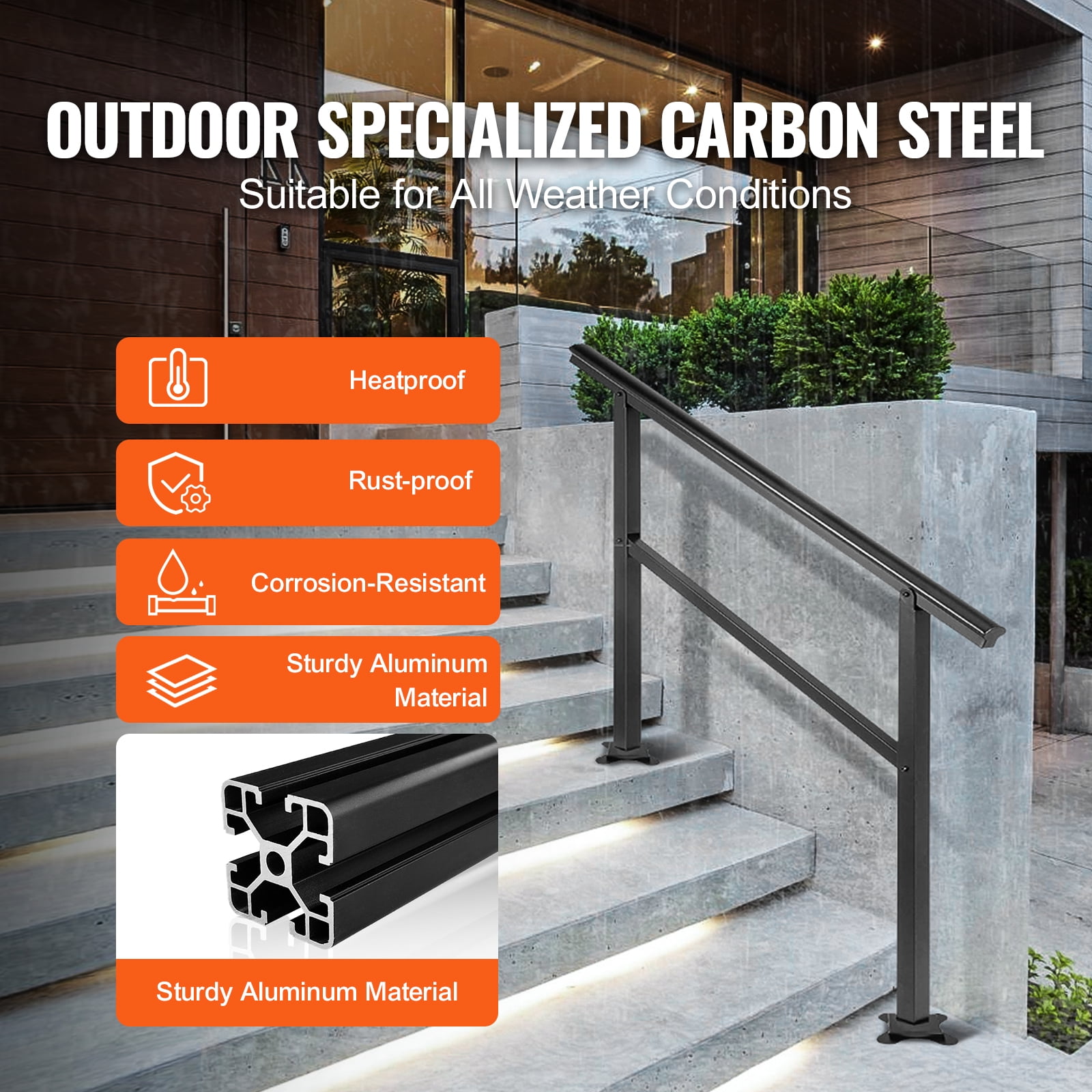 SKYSHALO Outdoor Handrail Aluminum Stair Handrail 48" x 35.5" Outdoor Stair Railing Transitional Range from 0 to 50 Staircase Handrail Fits 2-3 Steps