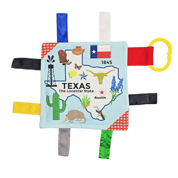 Baby Jack & Co 8x8" Texas Learning Lovey Crinkle Tag Toy with Stroller Clip