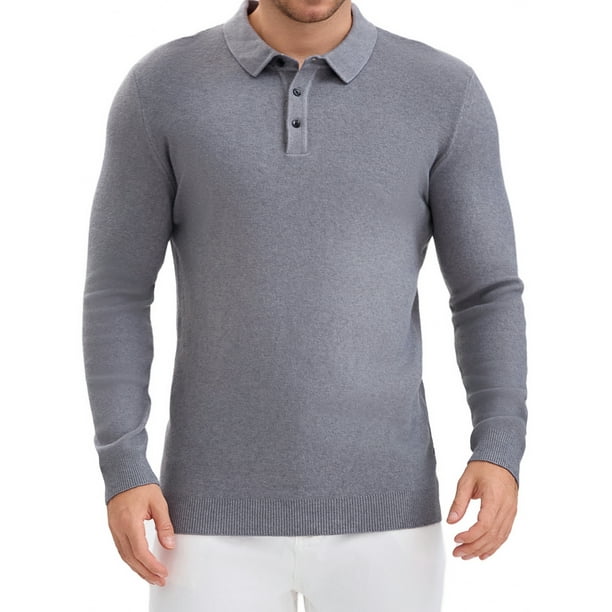 Camisa de polo de punto de negocios de color sólido de manga larga para hombre M gris