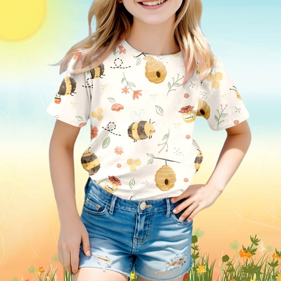 RTKFRFLM Kids Bumblebee Festival Graphic Tee for Ages 3-13 Years Boys Girls Fashion Casual Print T-Shirt Top Summer Honey Bee Theme Cotton Shirt Soft Breathable Holiday Celebration Wear