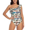 thumbnail image 2 of Picia Train Pattern Women's One Piece Swimsuits,One Shoulder Swimwear Asymmetric ,Ruffle Monokinis Bathing Suits,High Waisted Flattering Bathing Suits-Medium, 2 of 8