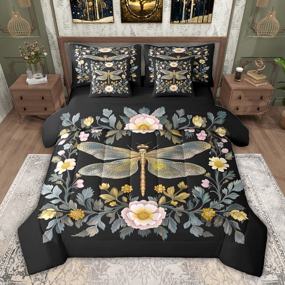 jejeloiu Rustic Botanical Floral 7-Piece Twin Bedding Sets,Wild Dragonfly Animals Bedding Comforter Set For Men Women Reversible