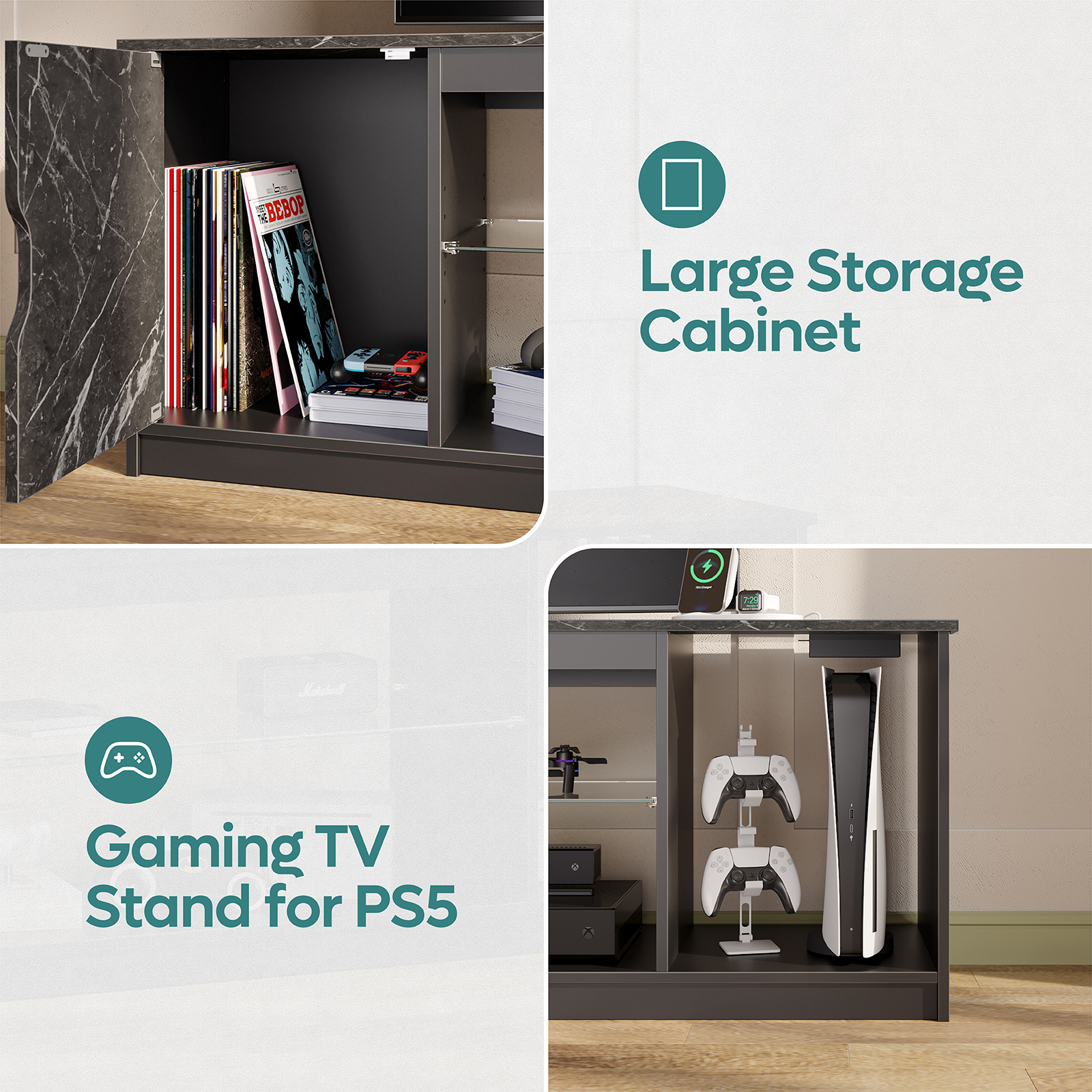 Bestier 65" TV Stand with LED Lights and Power Outlets, Black Marble photo 6