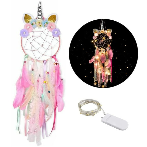 Fangsheng Unicorn Dream Catcher with Led Light Bedroom Wall Decor (Pink)