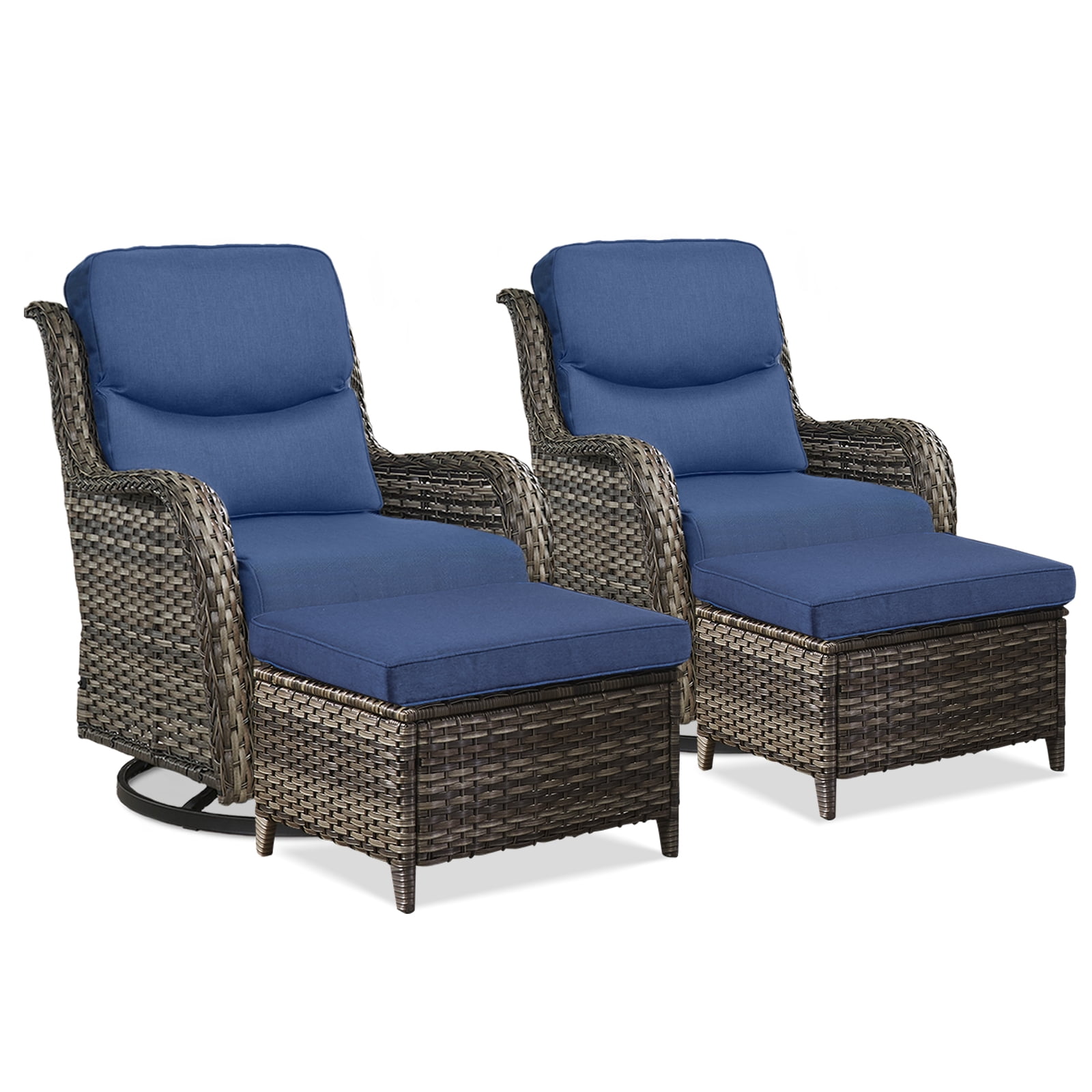 POCASSY 4 Pieces Patio Furniture Set with Swivel Chairs and Ottomans, High Back Deep Seat Cushioned Wicker Outdoor Swivel Chairs Set of 2 with Ottoman for Porch & Balcony, Gray/Blue