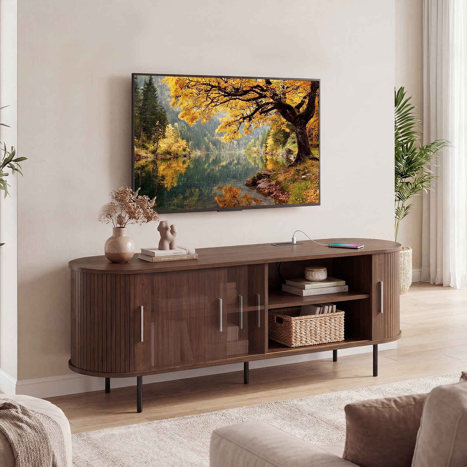 Costway Fluted TV Stand for TVs up to 60”, Mid Century Curved Entertainment Center Walnut