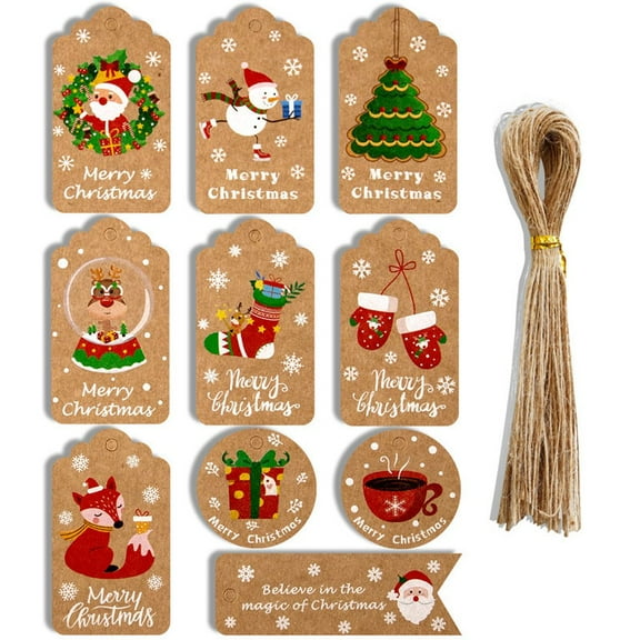 Christmas Gift Tags 50pcs Xmas Paper Labels Christmas Elements Hanging Tags Card Gift Ornament with String