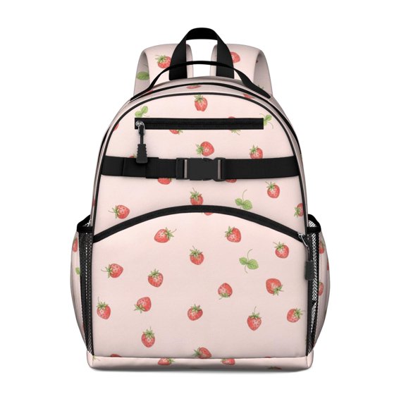 Strawberry and Dot Pink Pattern Cute School Backpack Bag for School with Padded Back and Adjustable Shoulder Straps 15.25"x11.5"x5.25"