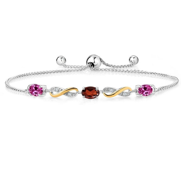 Gem Stone King 1.60 Ct Pink Created Sapphire Red Garnet 925 Silver and 10K Yellow Gold Lab Grown Diamond Adjustable Infinity Bracelet for Women Mother's Mom Wife Her