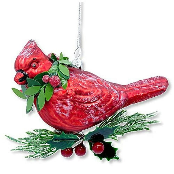 Cardinal Blown Glass Ornament with Pine and Holly