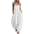thumbnail image 2 of Women Button Down Cotton Jumpsuits Plain Strap Sleeveless Casual Wide Legs Rompers Loose Overall with Pockets, 2 of 6