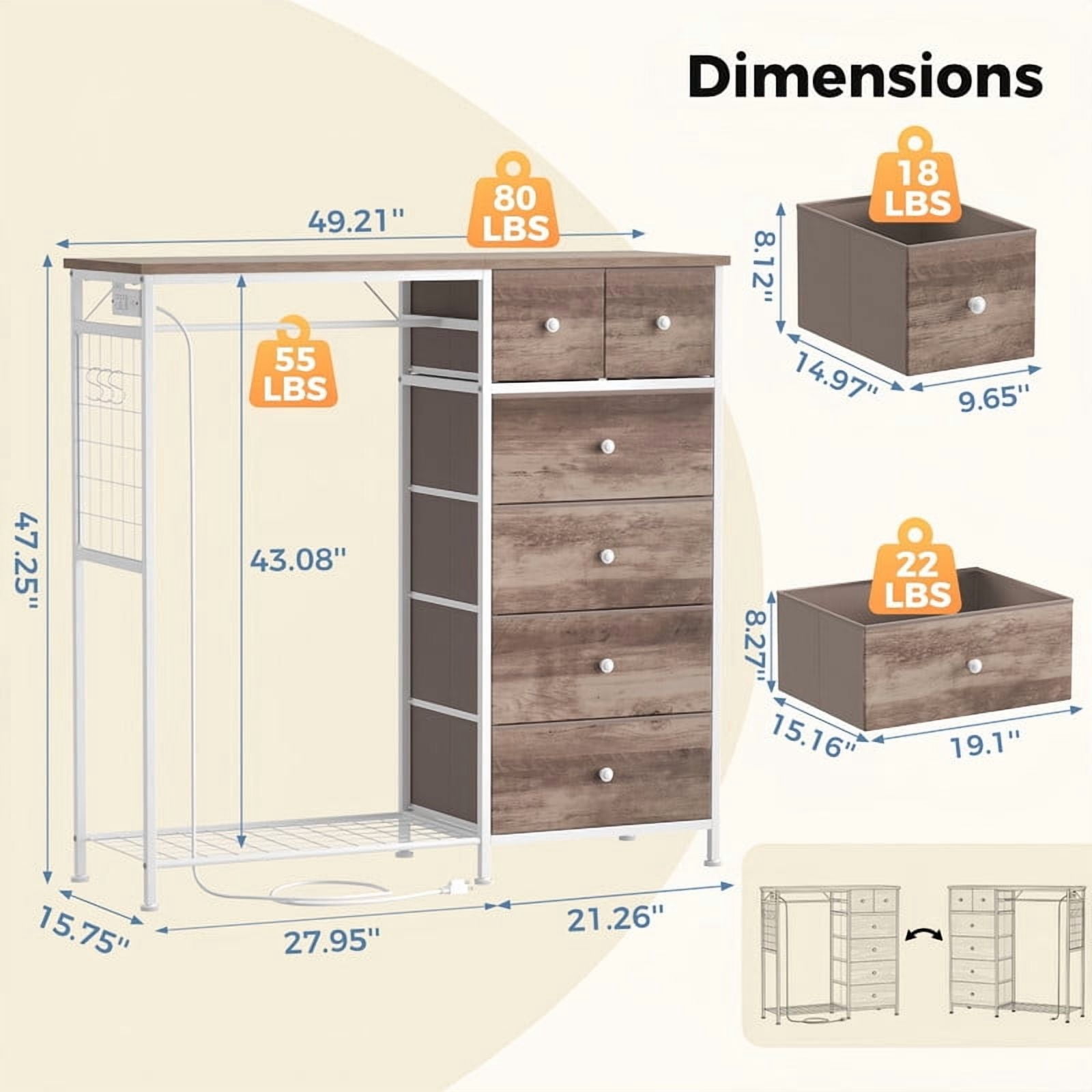 Kelno 6 Drawer Dresser with Hanging Rack LED Lights Charging Station Fabric Closet Organizer Storage Tower, Oak Greige