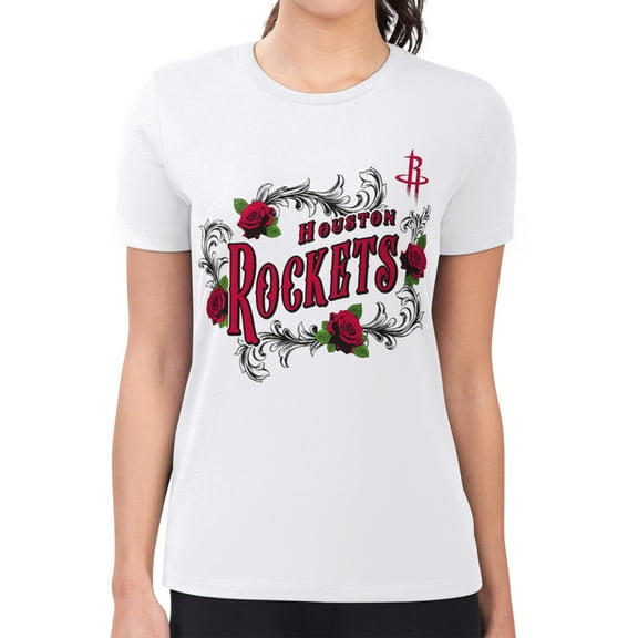Women's G-III 4Her by Carl Banks White Houston Rockets Super-Slim Fit Lightweight Roses Crew Neck T-Shirt