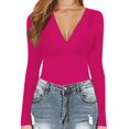 thumbnail image 4 of Skinny Solid Color Deep V-Neck Long Sleeve Bodysuit,Women's Knitted Underwear Leggings Slim Jumpsuit Bodysuit Top, 4 of 4