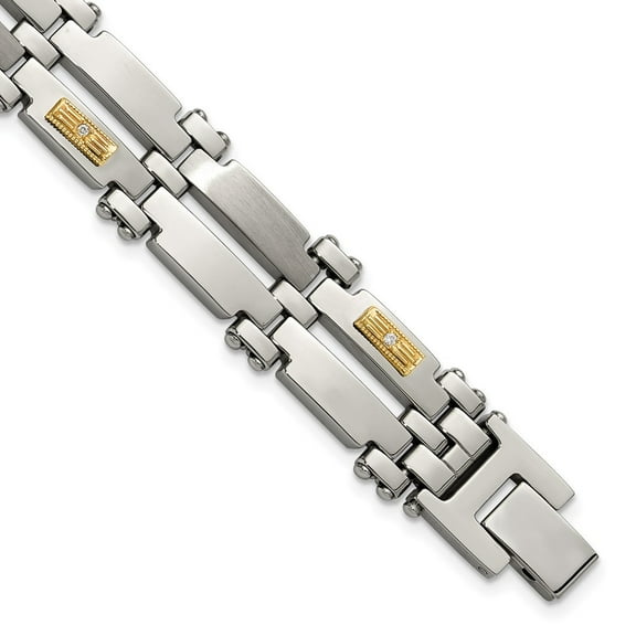 Auriga Fine Jewelry Stainless Steel Brushed with 14K Gold Accent and 1/20ct. Diamond 8.5 inch Men's Bracelet