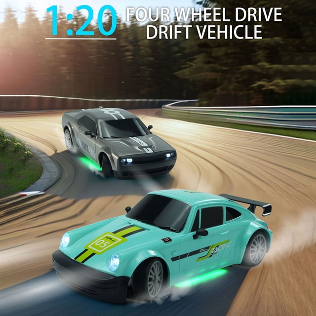 Coche de deriva de control remoto, 1:20 4WD Car de Juguete Eléctrico 2.4G Vehículo de Carreras Recargable Con luces para Niños Para Niños Niñas, Plata