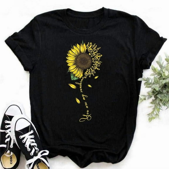 Cotton 100% Comfortable Casual Women's Black Top Women's T-shirt Casual Sunflower Butterfly Print Oversized Tops