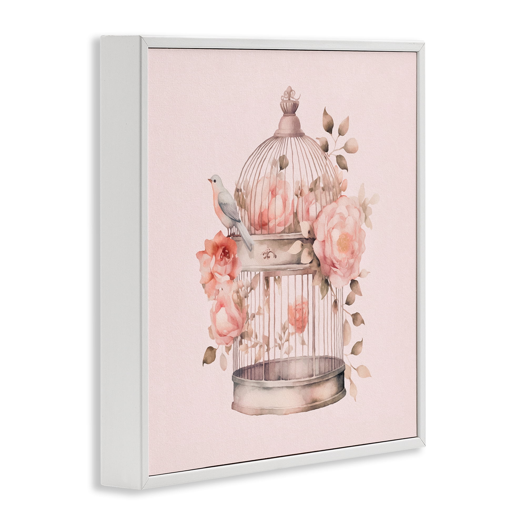 Stupell Industries Bird Cage with Rose Blooms Botanical & Floral Painting White Framed Art Print Wall Art, 12 x 12