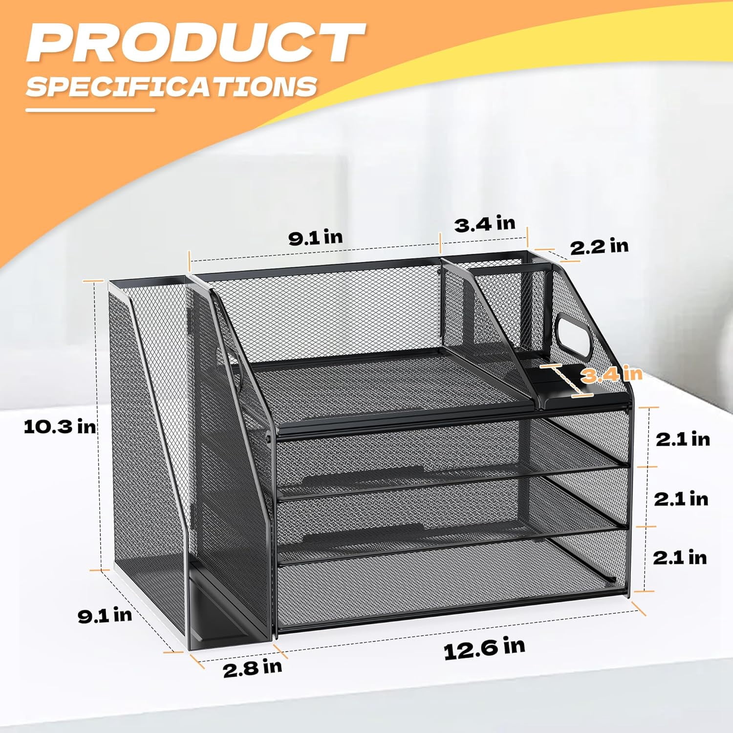 4 Tier Paper Letter Tray File Organizer, Mesh Desk File with Handle, Workspace Desk Organizers with Pen Holder, Office Organization Storage Accessories - Black