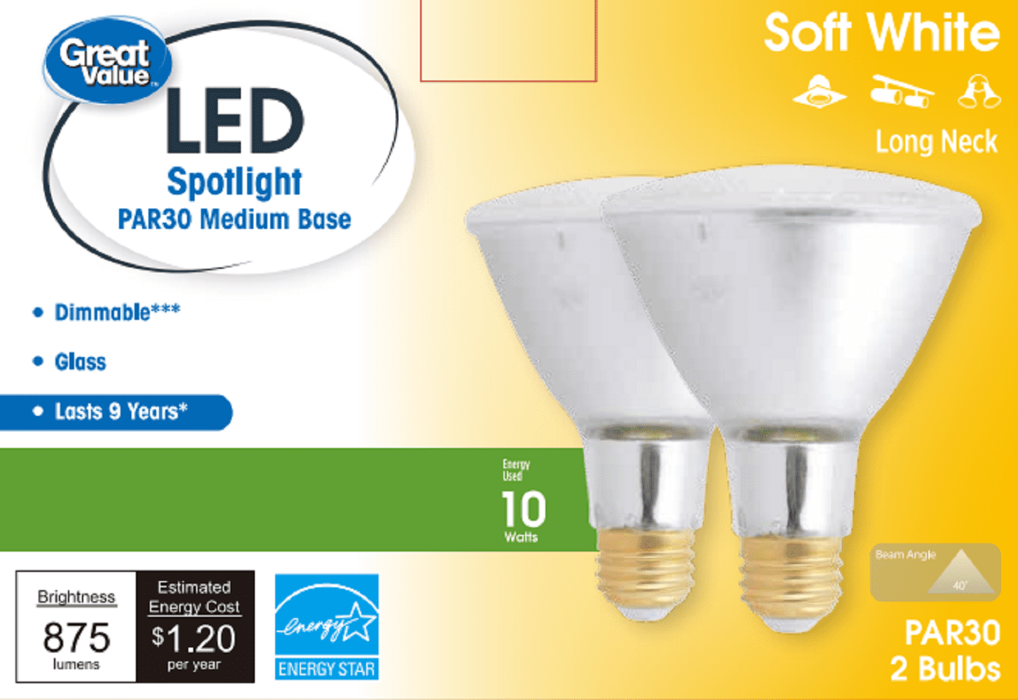 Schuine streep Discrepantie Andrew Halliday Great Value LED Light Bulb Par30 10Watts Softwhite 2Pk CA - Walmart.com