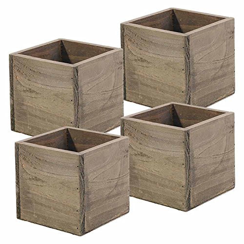 Jardinière en Bois, Carré de 5 Pouces, Bois Rustique de Grange, Doublure en Plastique, Présentoir de Centre de Table de Jardin, Support pour Fleurs de Mariage, Déco de Maison et de Lieu, (Ensemble de 4)