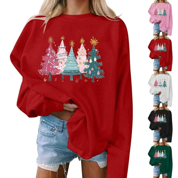 Feancey Xmas Tree Sweatshirt for Women Oversized Crewneck Pullover Drop Shoulder Long Sleeve Graphic Sweatshirts Holiday Casual Party Tops Pink XS