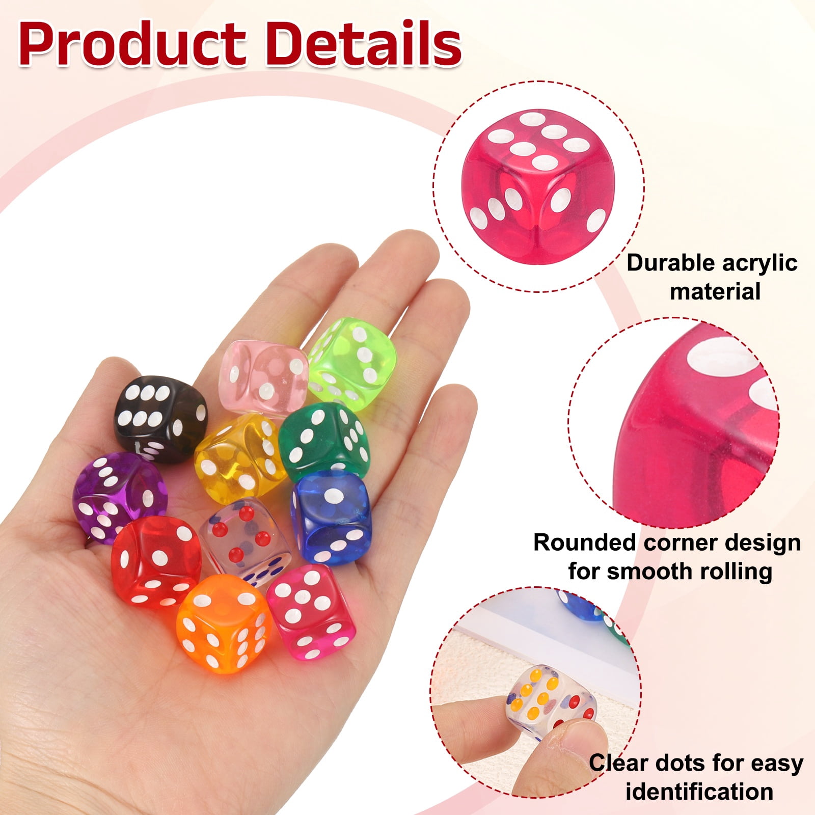 100Pcs Translucent Polyhedral Dice 16mm Square Dice W Rounded Edge, Rose Red