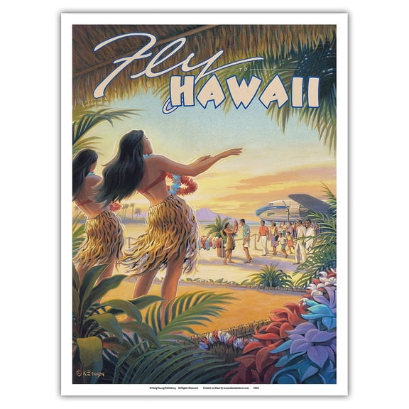 Fly to Hawaii - Hula Dancers - Vintage Hawaiian Travel Poster by Kerne Erickson - Master Art Print (Unframed) 9in x 12in
