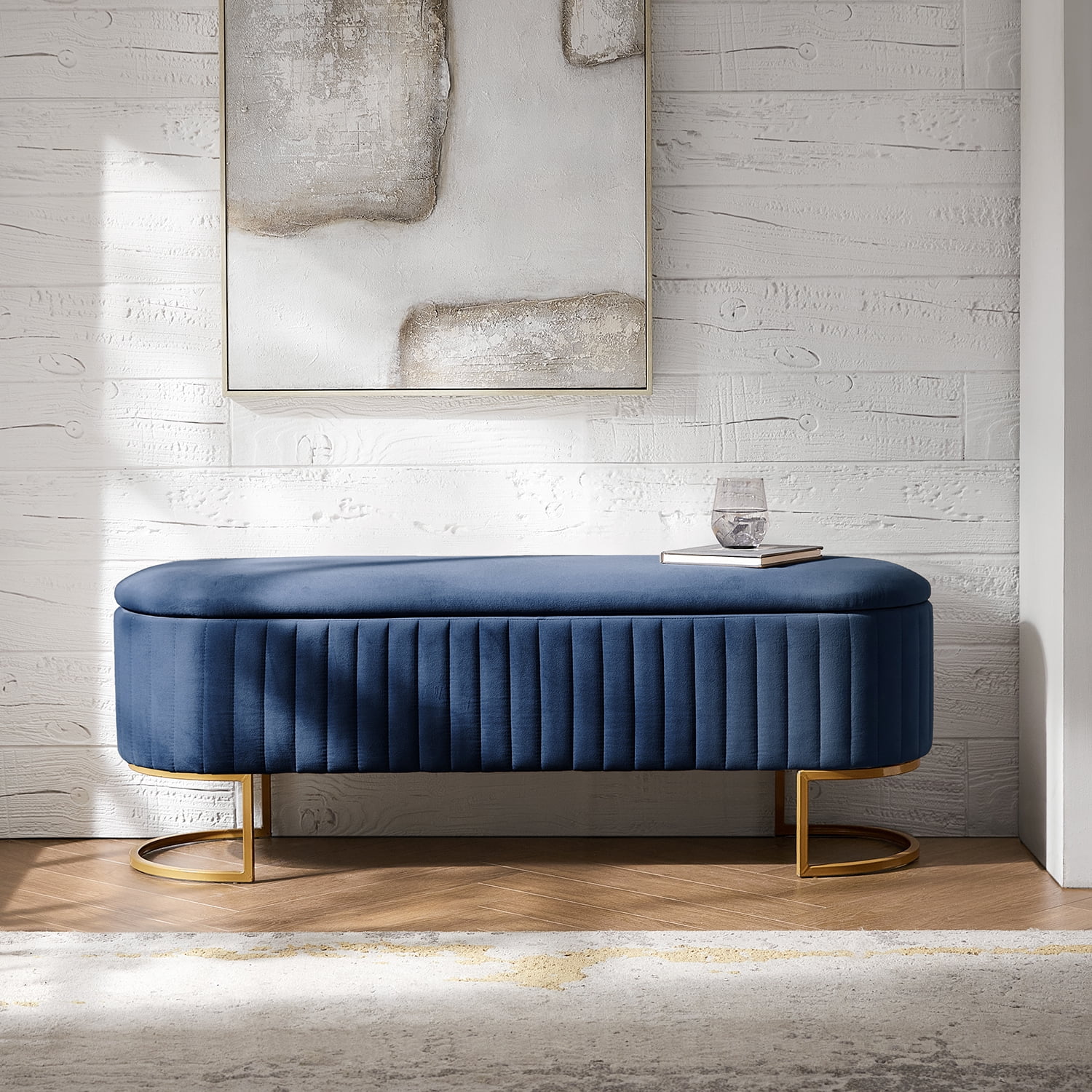 50.5" Upholstered Storage Bench For End of Bed Entryway Bedroom Ottoman Navy