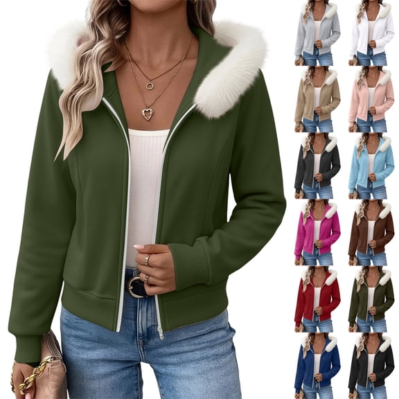 Sweatshirt for Women Fall Winter Jacket Solid-Color Hooded Zip Up Long-Sleeved Sports Sweatshirt L