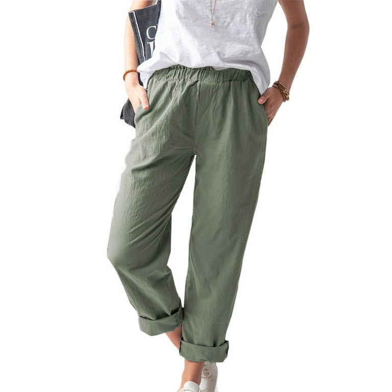 RQYYD Reduced Womens Cotton Linen Pants Casual Plus Size Elastic High Waist  Capri Pants Summer Loose Comfy Wide Leg Crop Pants(Army Green,XXL) 