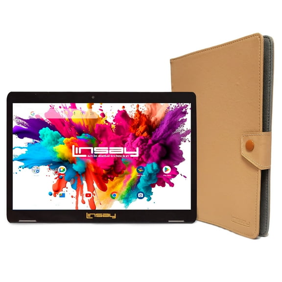 LINSAY 10.1" Octa Core 4GB RAM 128GB Storage Android 13 Tablet with case Light Brown