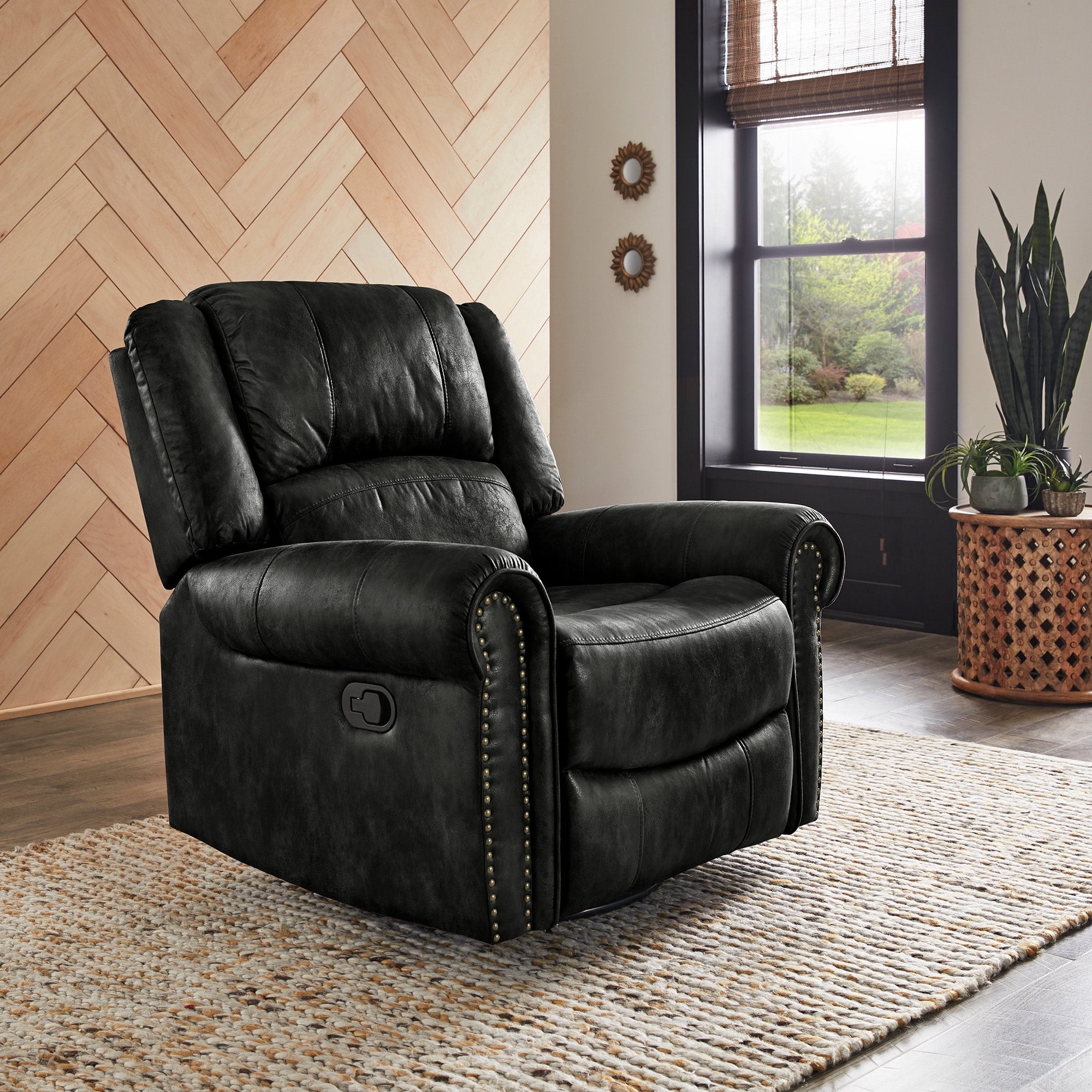 Weston Home Tippecanoe Polished Microfiber Nailhead Swivel Glider Recliner, Black