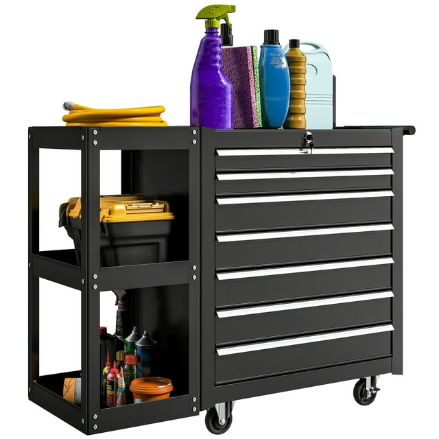 HOMCOM 7-Drawer Tool Chest with Side Shelf, Lockable Tool Box, Black