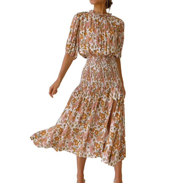 sweethay Vestido dividido de media manga con estampado Floral bohemio, vestido largo cómodo para playa, vacaciones, baile, Club, viaje, ropa de Vestidos XL