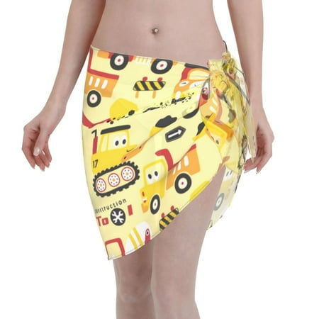 Qekee Funny Construction Vehicles Women s Short Sarongs Cover Ups Sheer Bikini Wraps for Swimwear