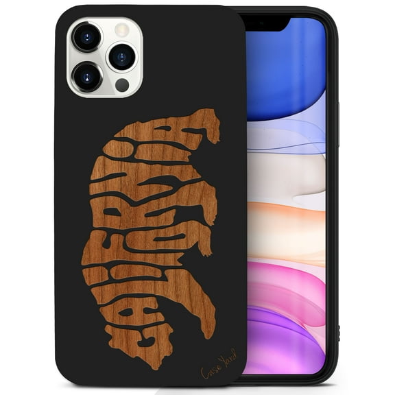 Case Yard Wood Case for iPhone-11-ProMax Soft TPU Silicone cover Slim Fit Shockproof Wood Protective Phone Cover for Girls Boys Men and Women Supports Wireless Charging California Bear Letters Design