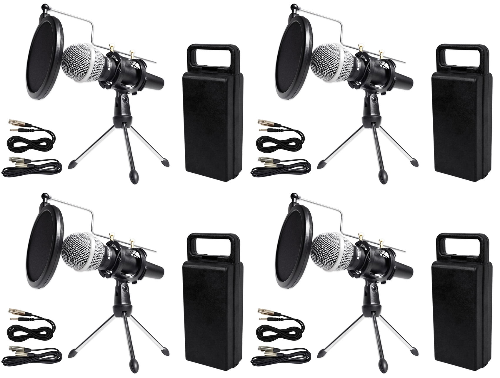 (4) Rockville Dynamic Podcasting Podcast Microphones+Stands+Pop Filters