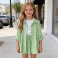 thumbnail image 6 of FAVIPT Outfits for Kids 2 Piece Sets Summer Long Sleeve Collared Button Shirts Drawstring Short Pants Casual Solid Sets Green,3 Years, 6 of 9