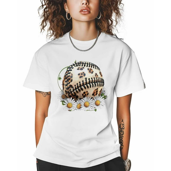 T Shirts for Women Short Sleeve Cotton Crewneck T-Shirt, Daisy Leopard Pattern Baseball Tee Tops Casual Basic T-Shirts, XS-5XL White L