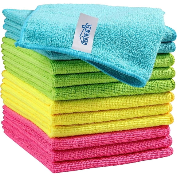 Microfiber Cleaning Cloth,12 Pack Rags, Towels with 4 Color Assorted, 11.5"X11.5"(Green/Blue/Yellow/Pink)