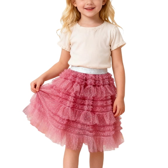 CUZIBR Kids Girls Dance Tutu Skirts High Waist Pom Pom Ruffles Tulle Party Ballet Skirt Tiered Layered Tulle Dancewear,Pink,5-6 Years