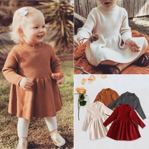 0 5Y Autumn Winter Kids Baby Girls Tops Sweater Dress Solid Long Sleeve Knit A Line Dress Tops 4 Colors