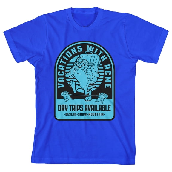 Looney Tunes Acme Vacations Holiday Camp Boy's Royal Blue T-Shirt-Medium
