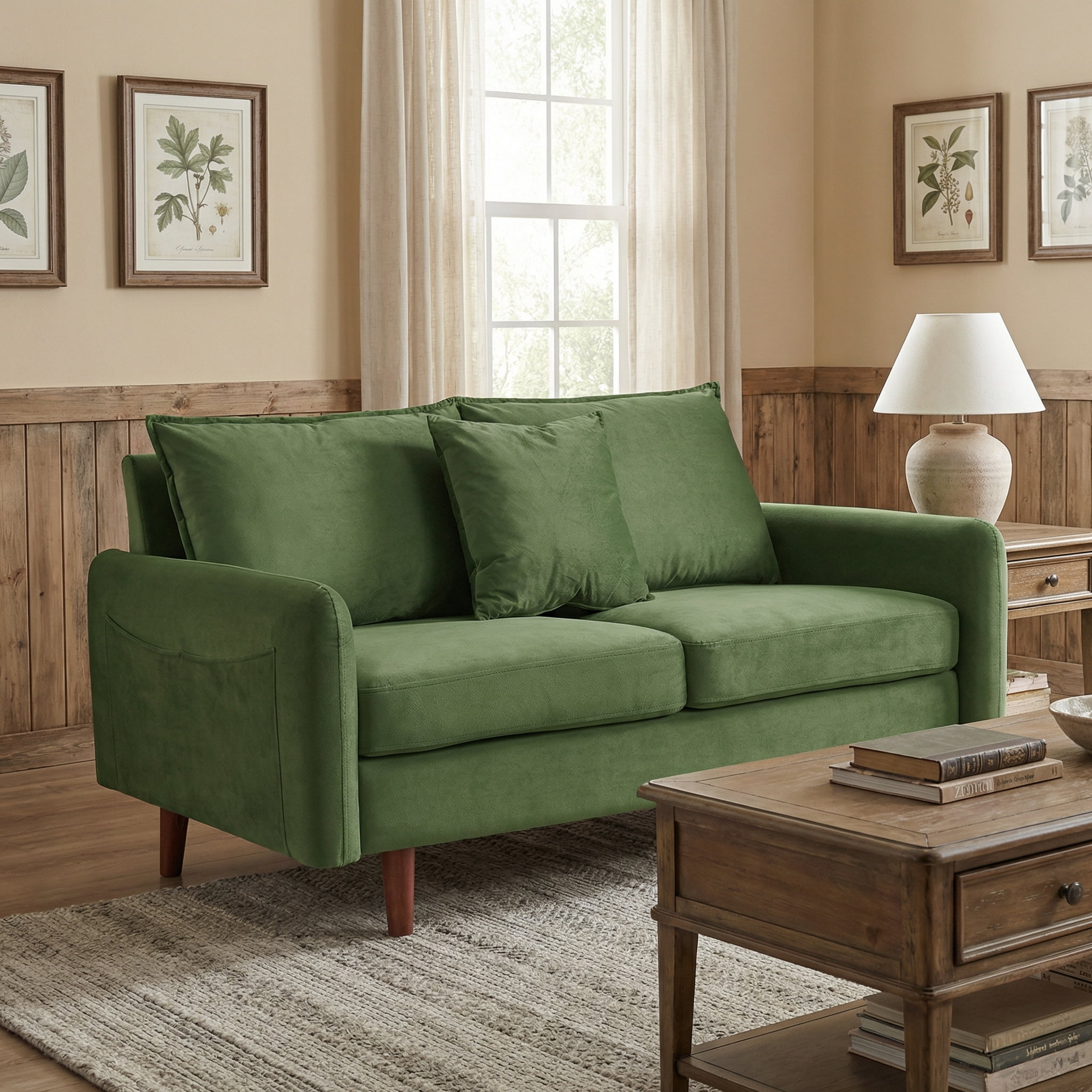 56" Mid-Century Velvet Round Arm Loveseat with Storage Pockets & Pillow
