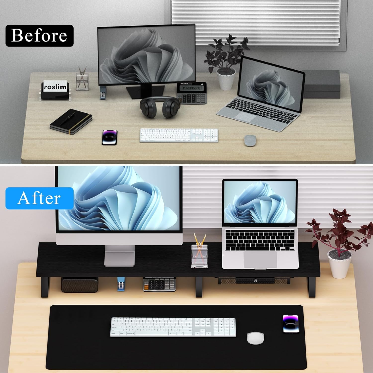 Wood Dual Monitor Stand Riser with Metal Legs and Drawer - Large Computer Desk Organizer for 2 Monitors, Laptop, Printer, TV - Black