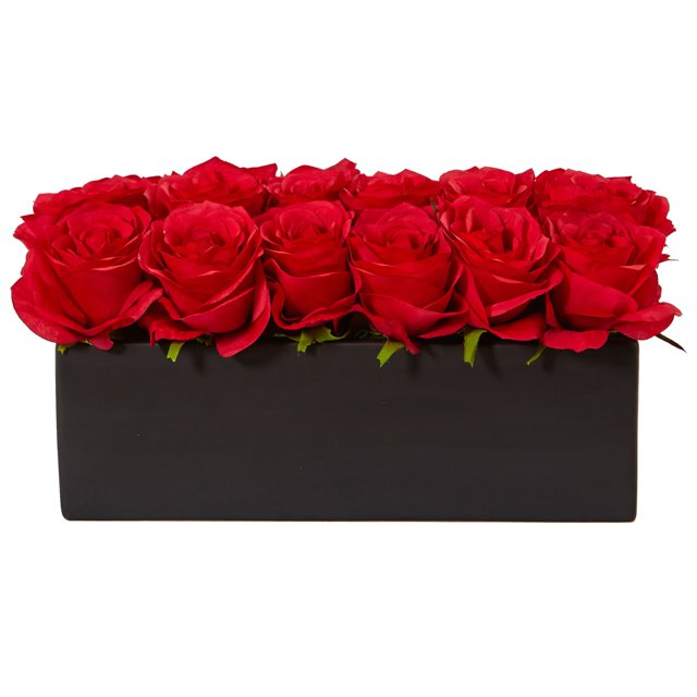 Docena De Rosas De Seda Casi Naturales En Macetero Rectangular De Cerámica