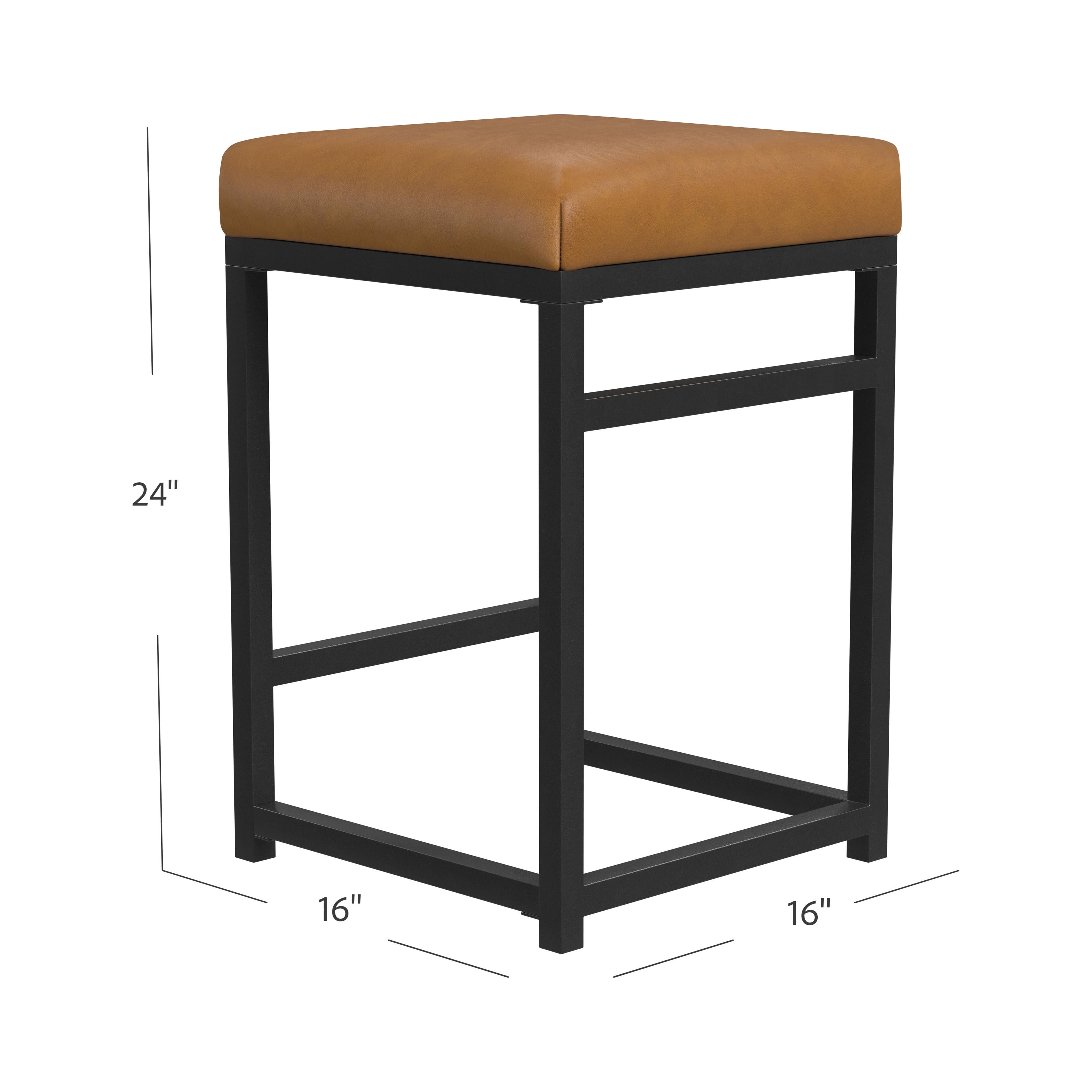 HomePop 24" Indoor Square Backless Metal Upholstered Counter Stool, Carmel Faux Leather
